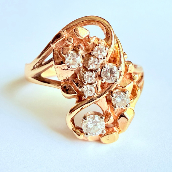 Jewelry - Estate Custom 14K Yellow Gold .65 CTW Diamond Solitaire Nugget Cluster Ring